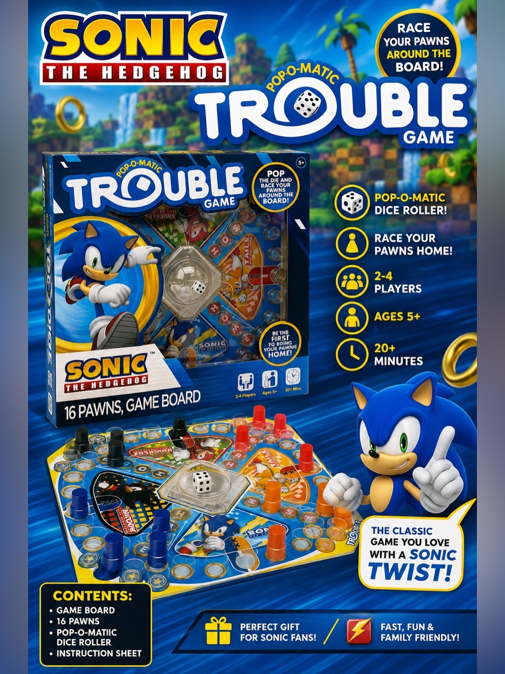 NEW Sonic the Hedgehog Trouble Board Game Pop-O-Matic Family Game Sealed